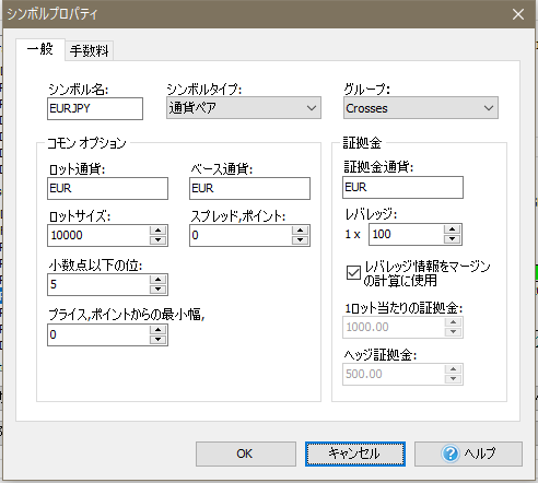 シンボルプロパティ画面。小数点以下の位が初期では5になっているが、クロス円は3か2が推奨。デューカスコピー・ジャパンのデータは小数点以下3桁まで記録されている。